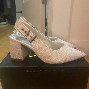 ASOS slingback block heeled shoes in ivory glitter - Size 9